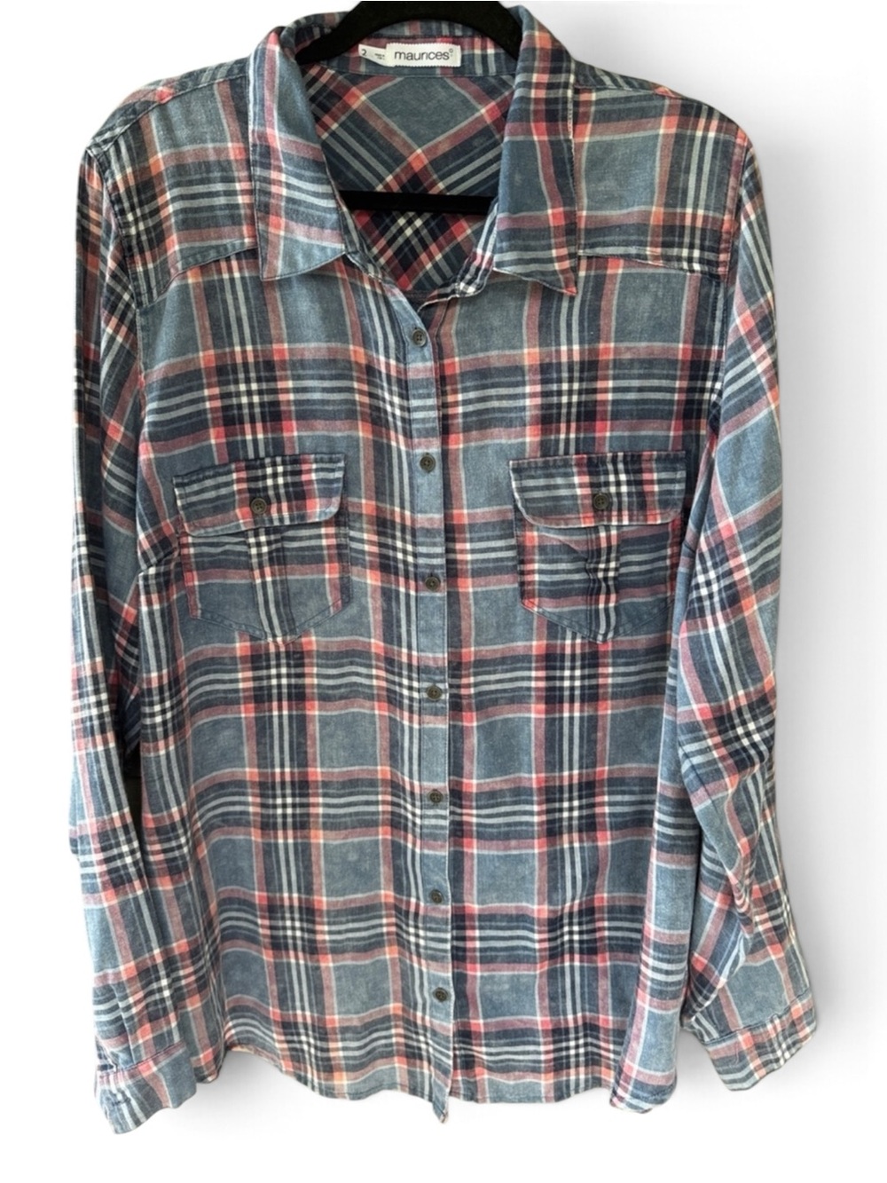Maurices Button Down Shirt Womens 2x Blue Pink Plaid Western Casual Long Sleeve